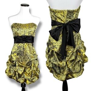 Y2K Ruby Rox NWT Bubble Hem Strapless Dress Yellow & Black 11 Damask Mini Prom